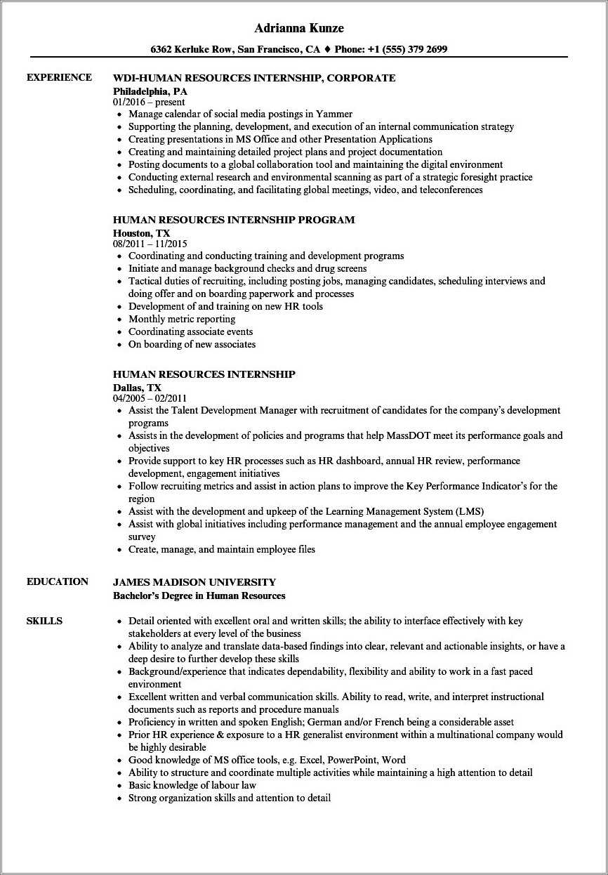 Human Resources Intern Resume Sample Resume Example Gallery