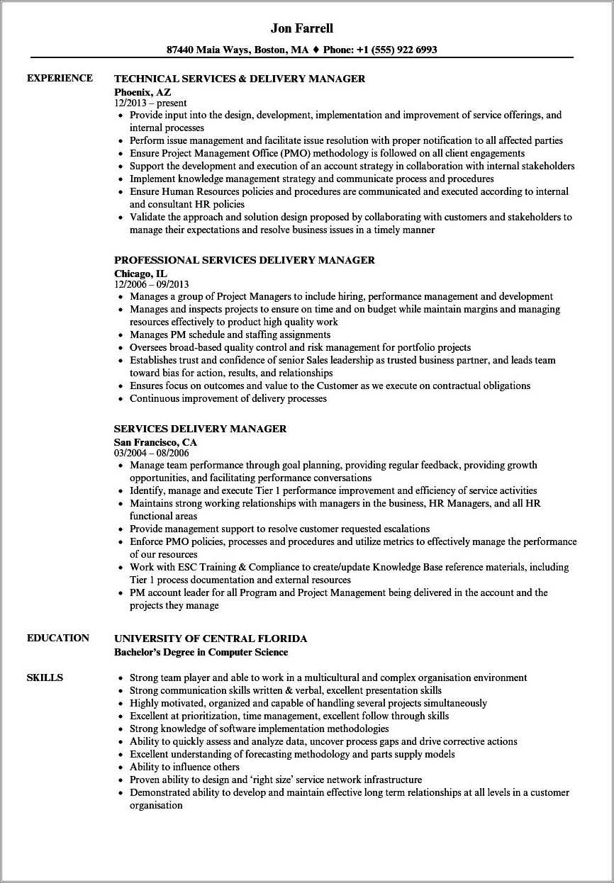 Ibm Service Delivery Manager Resume - Resume Example Gallery