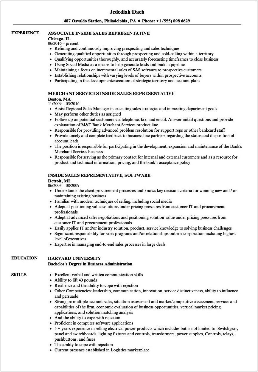 Inbound Sales Rep Job Description For Resume Resume Example Gallery