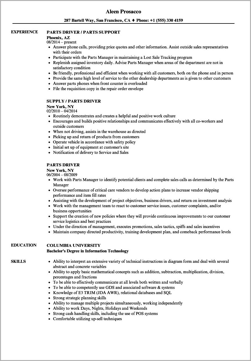 Independent Tire Delivery Contractor Resume Samples - Resume Example ...