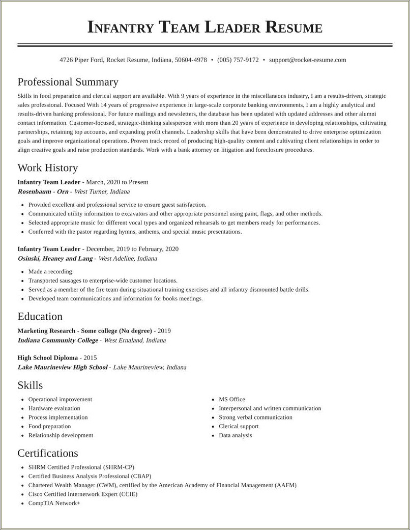 Infantry Squad Leader Resume Example - Resume Example Gallery