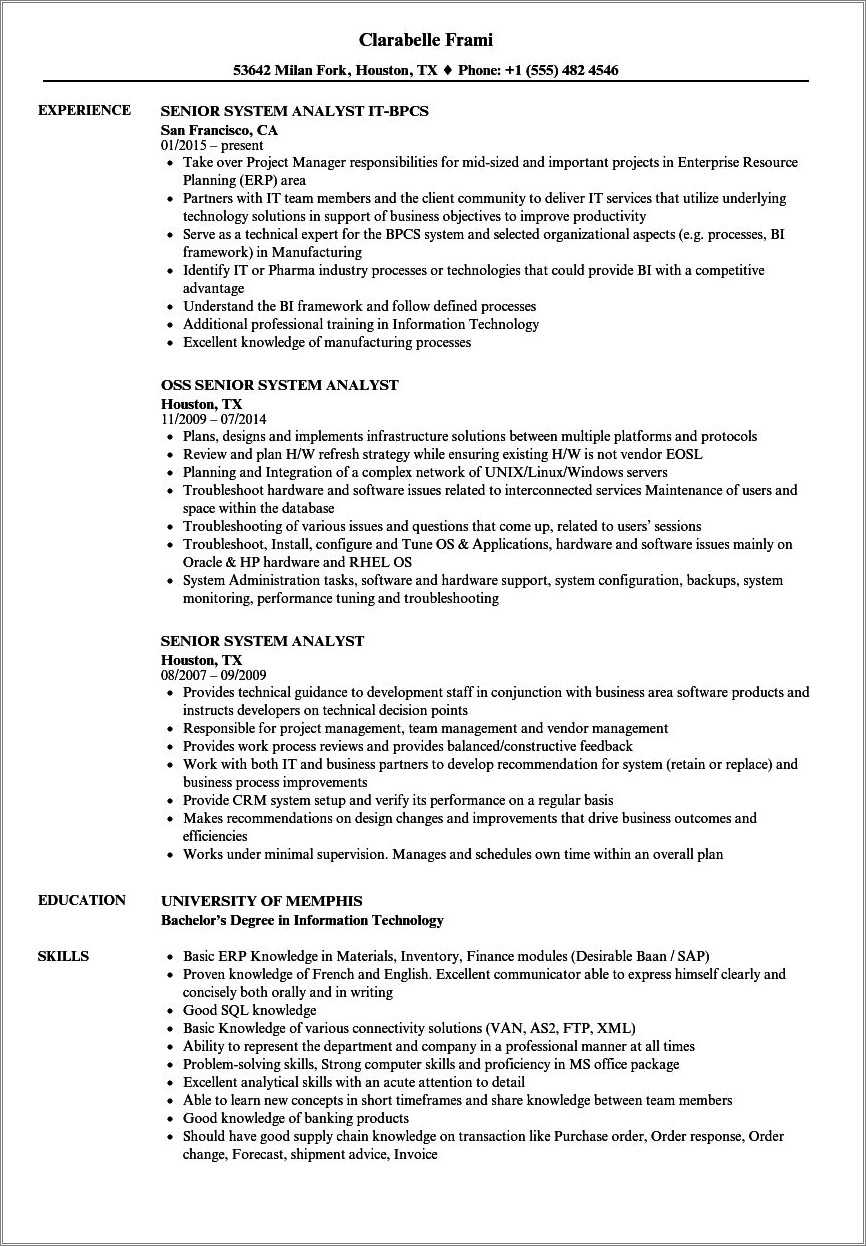 Information System Analyst Resume Example - Resume Example Gallery