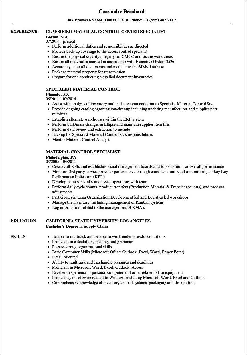 Inventory Control Specialist Resume Example Resume Example Gallery