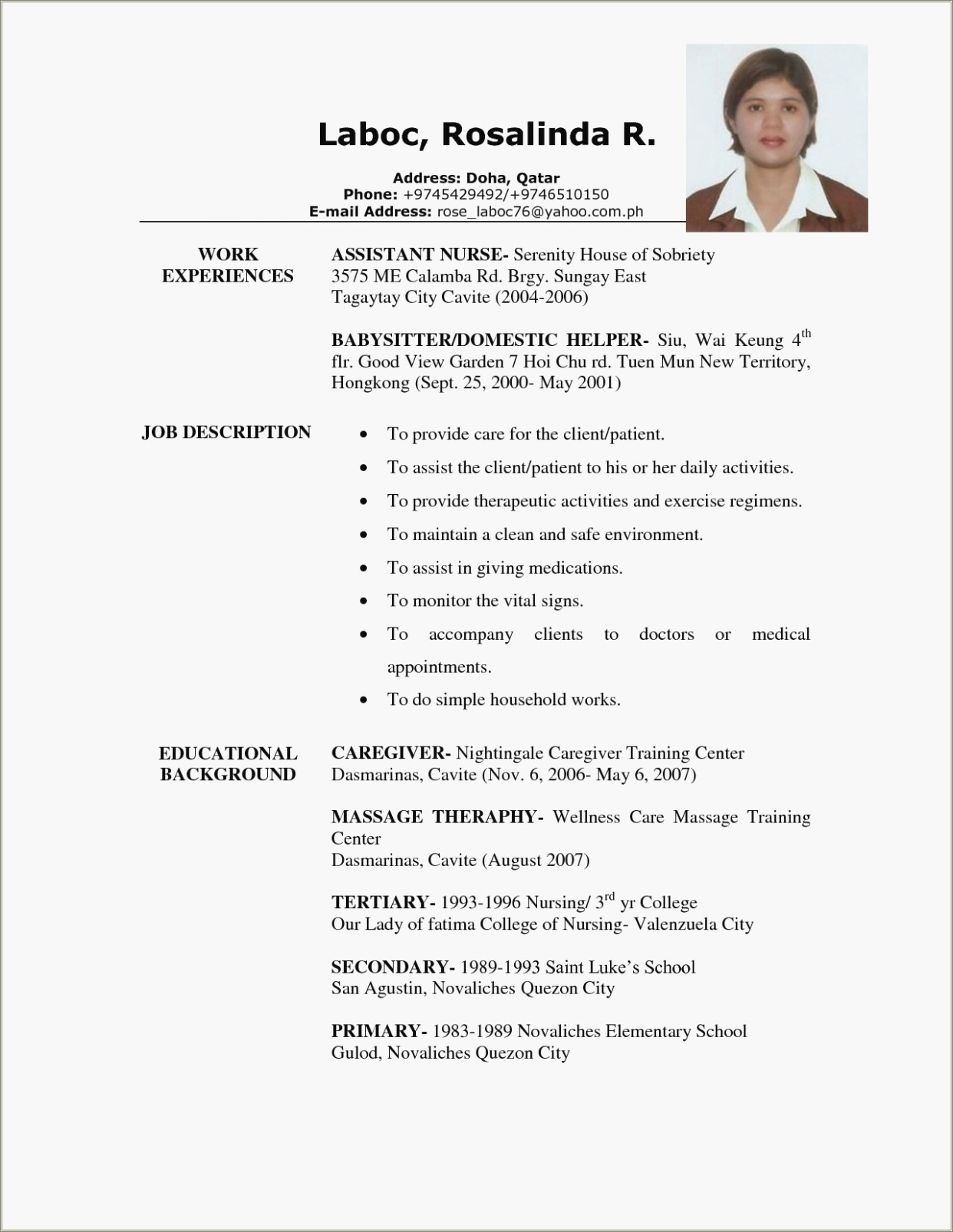 Job Description For Caregiver Resume Resume Example Gallery