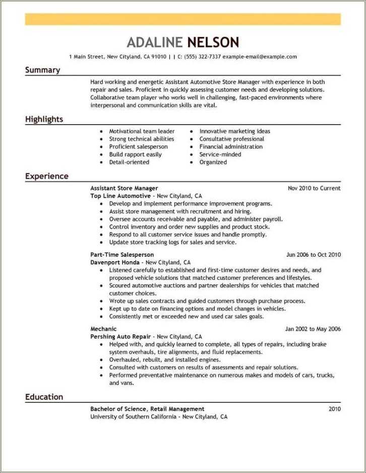 Retail Manager Description For Resume