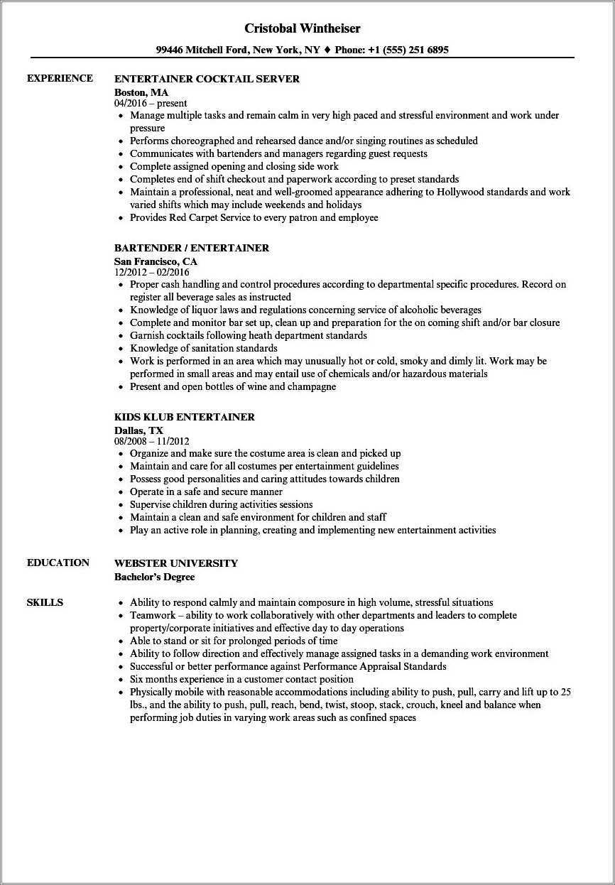 Job With Kids Skill Set Resume Example - Resume Example Gallery