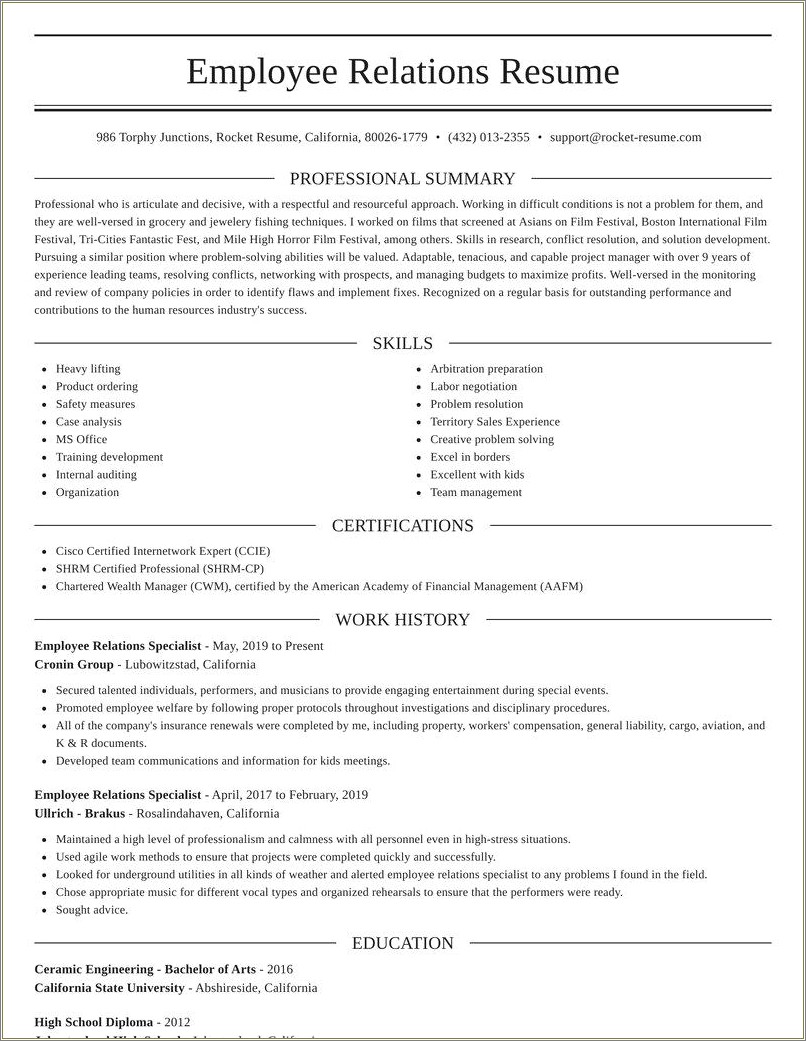 Labor Relations Specialist Resume Example - Resume Example Gallery