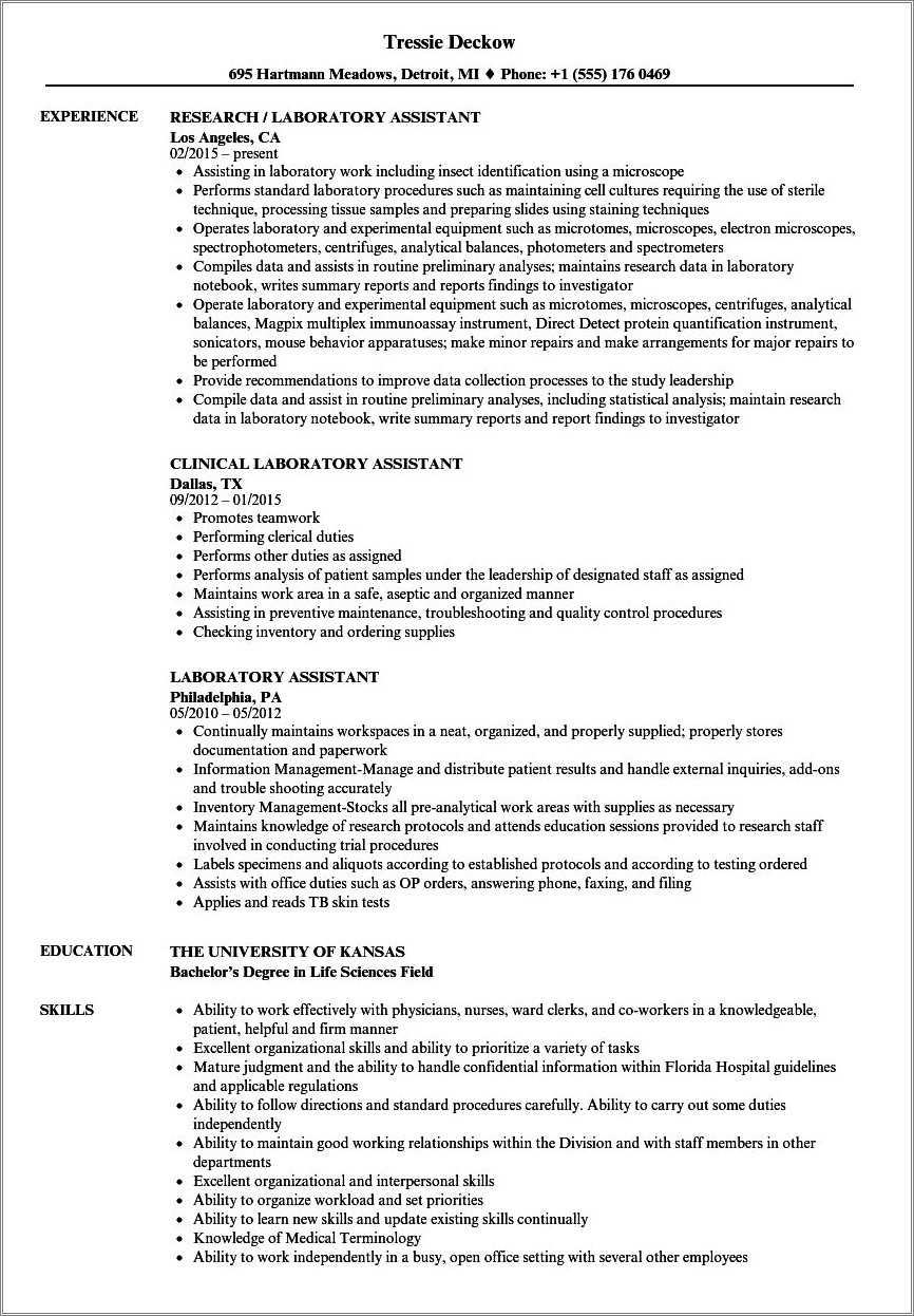 Sample Resume Laboratory Skills List - Resume Example Gallery