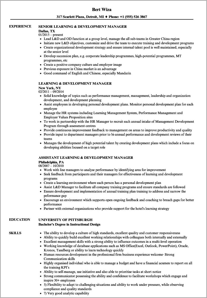 Learning And Development Resume Objective Examples - Resume Example Gallery