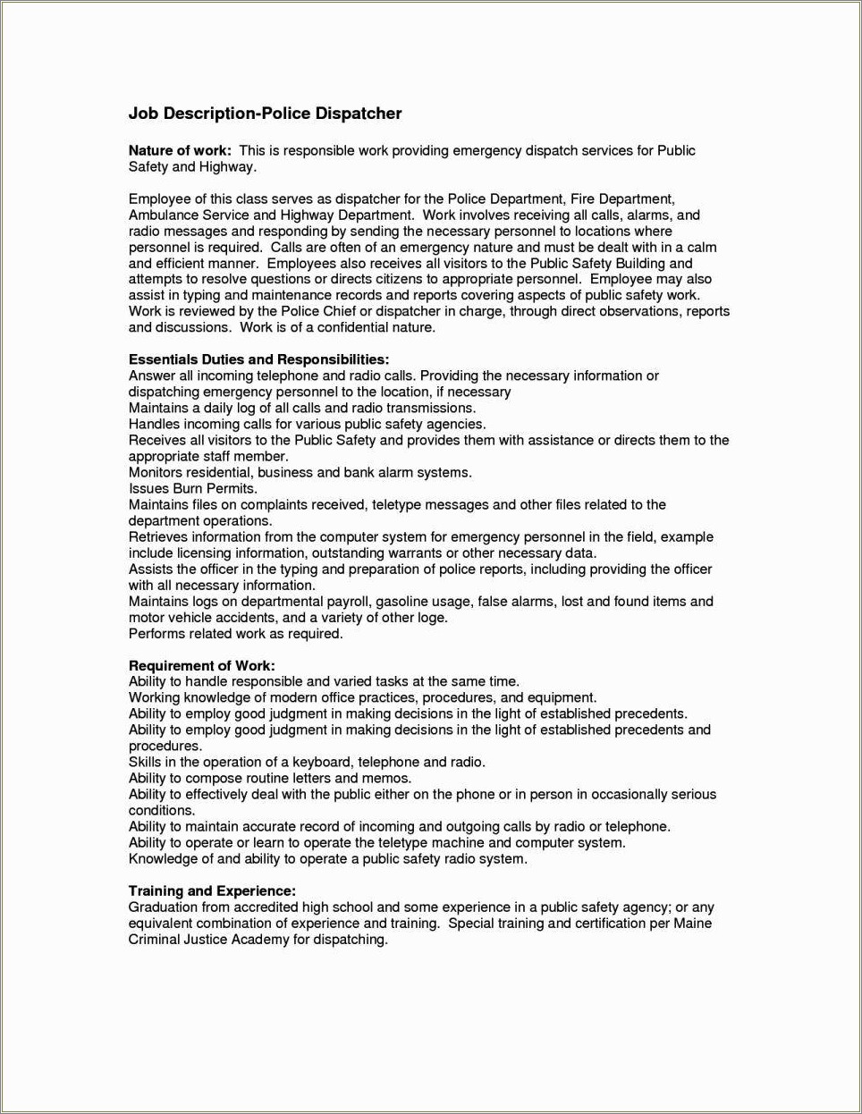 Hvac Dispatcher Job Description Resume