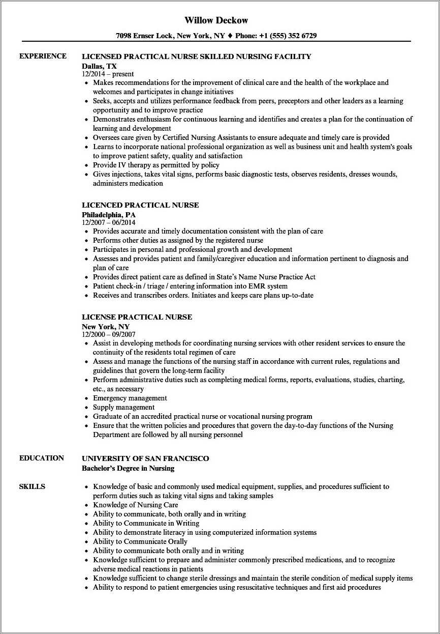 Lvn Job Duties For Resume - Resume Example Gallery