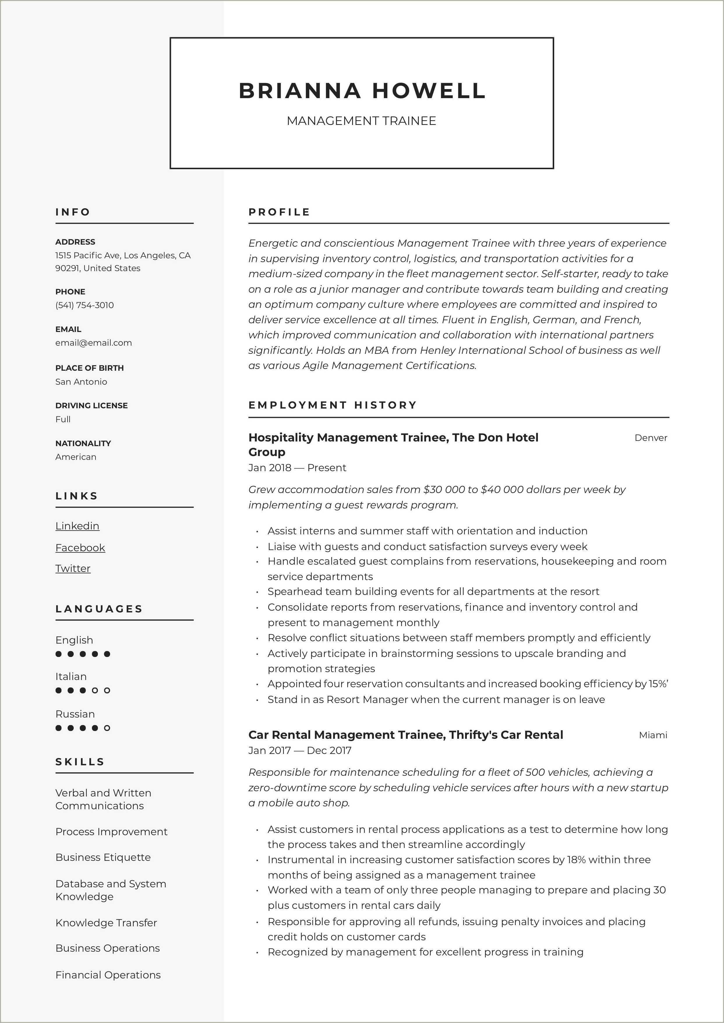 Management Trainee Enterprise Resume Samples - Resume Example Gallery