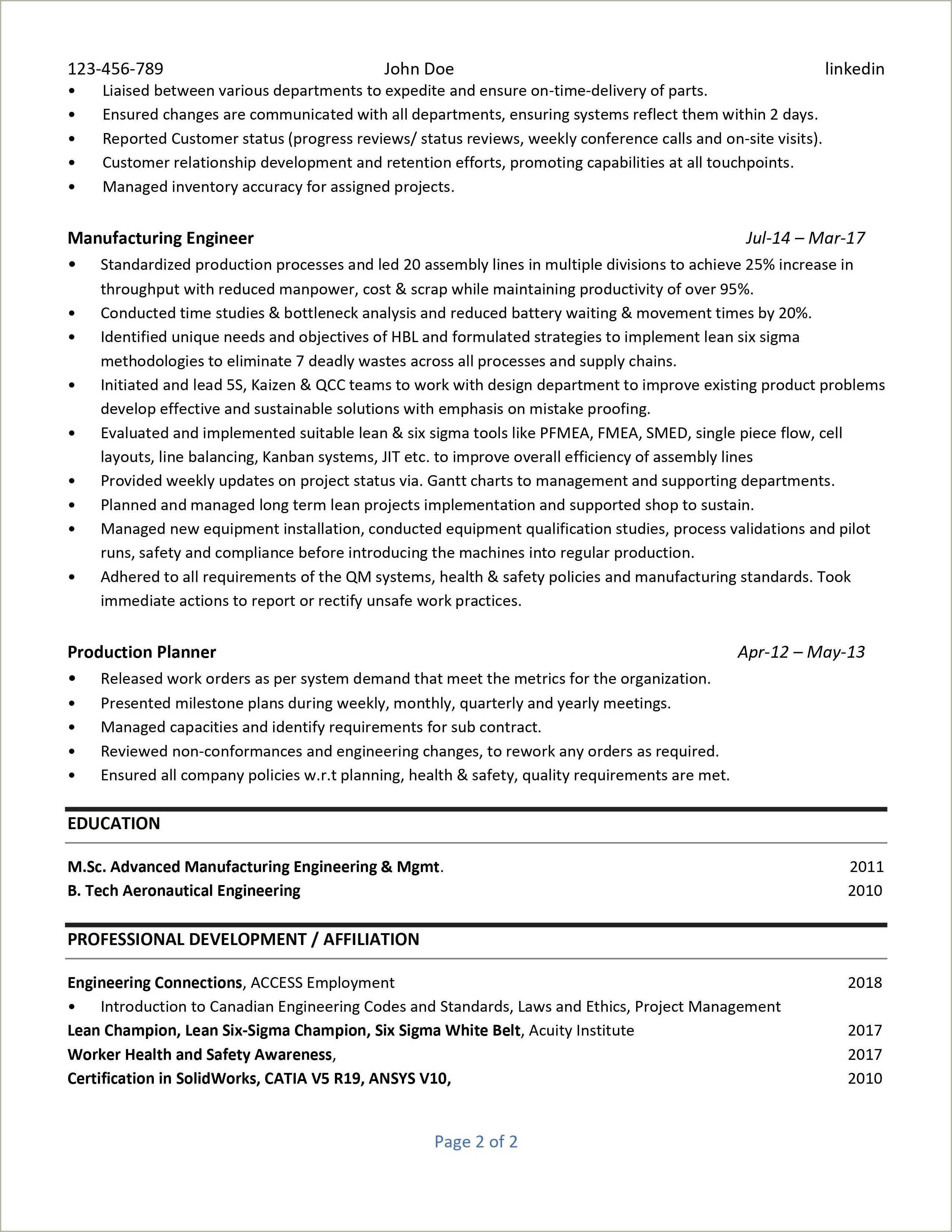 Minitab Experience In Manufacturing Industry Resume Example - Resume ...