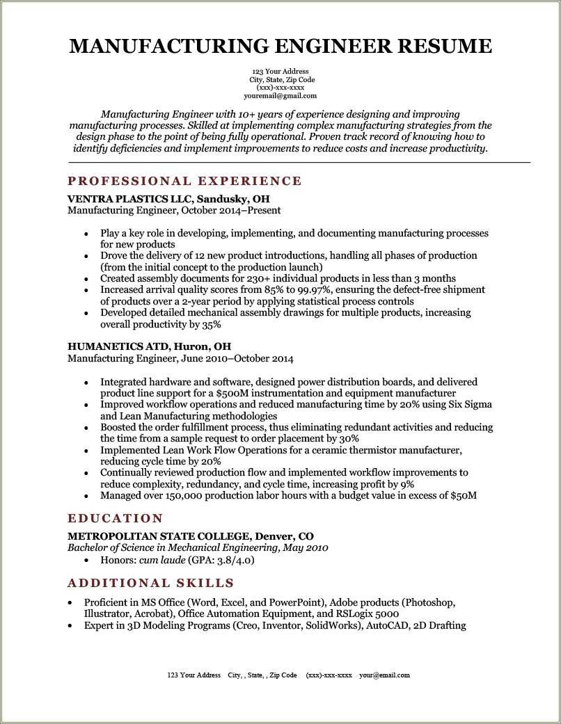 Manufacturing Process Engineer Resume Sample Resume Example Gallery