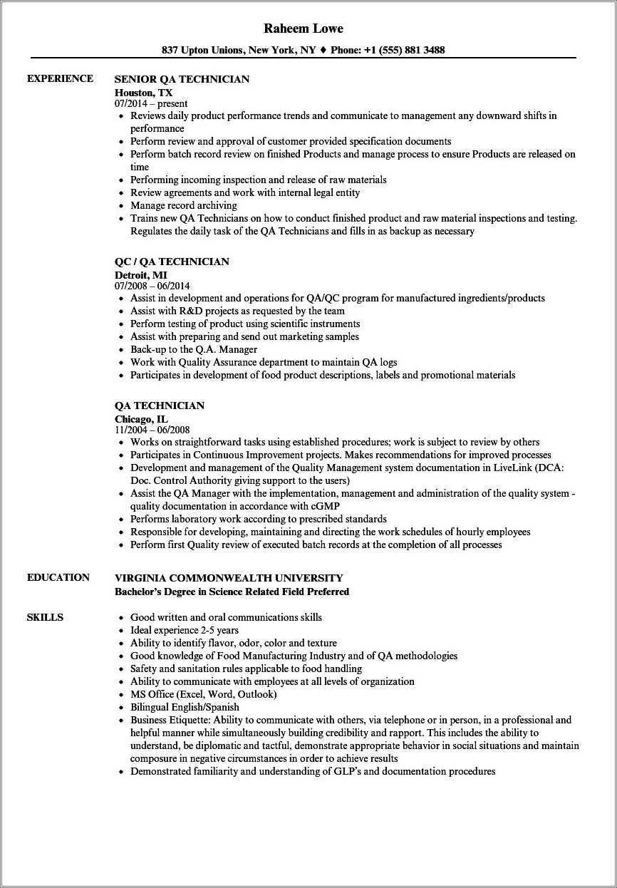 Manufacturing Quality Control Skills For Resume Resume Example Gallery