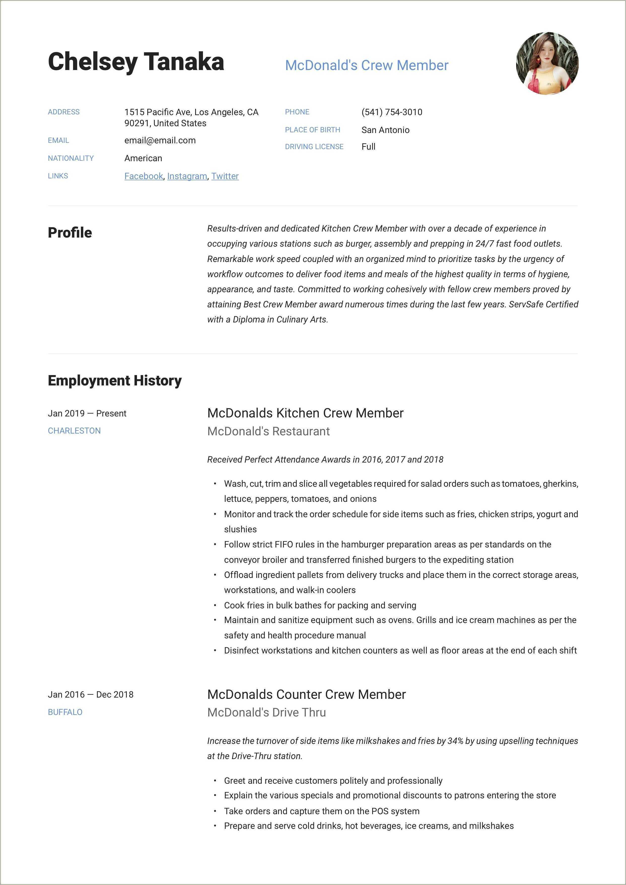 Mcdonalds Kitchen Crew Member Job Description For Resume 