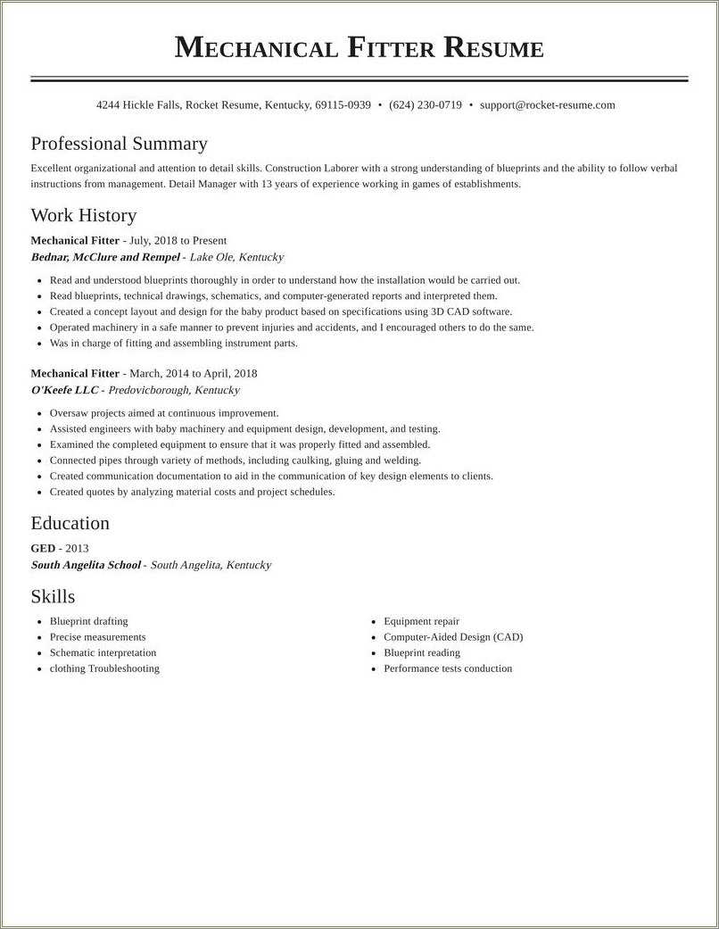 Mechanical Maintenance Fitter Resume Sample Resume Example Gallery