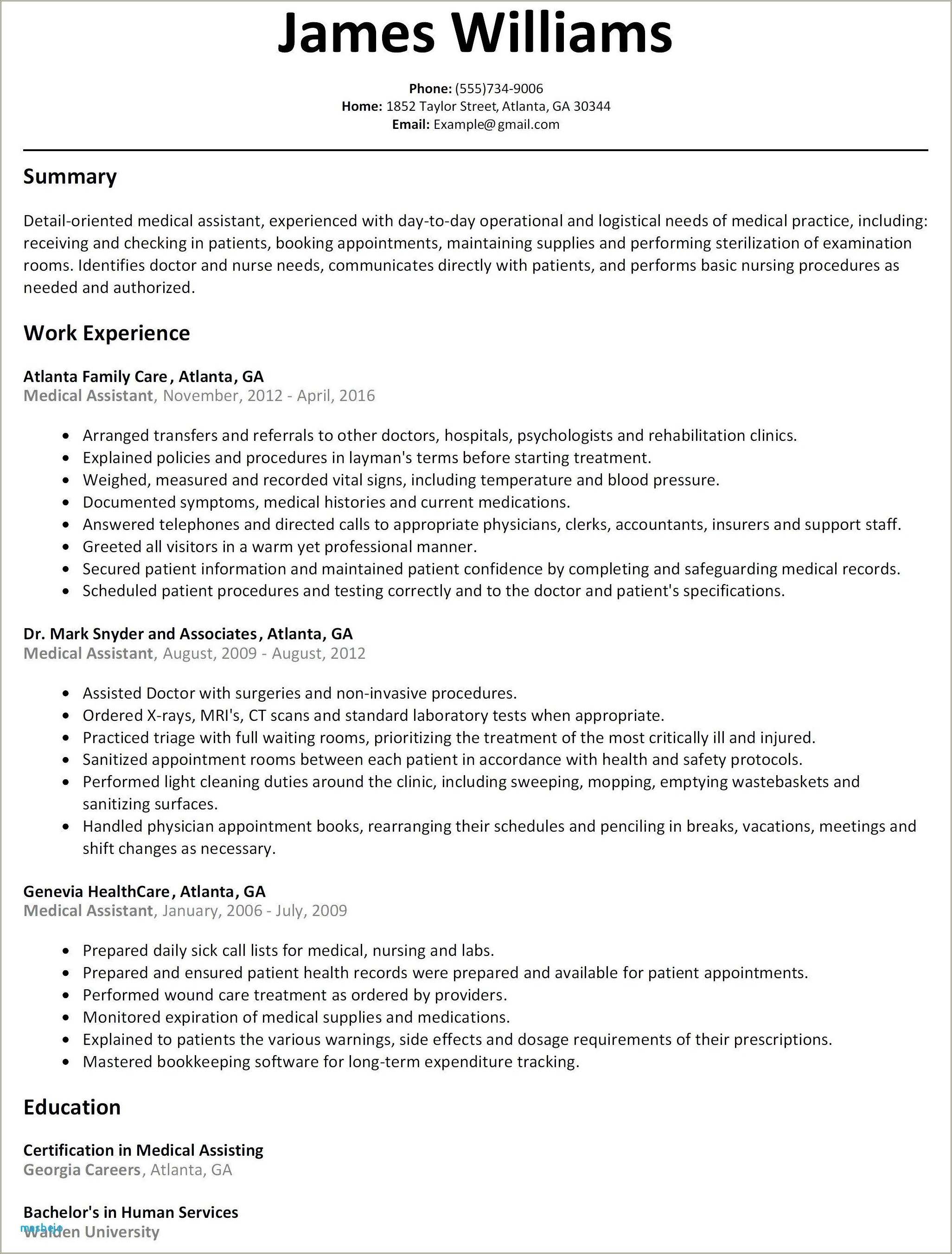 Medical Assistant Resume Summary Sample Resume Example Gallery