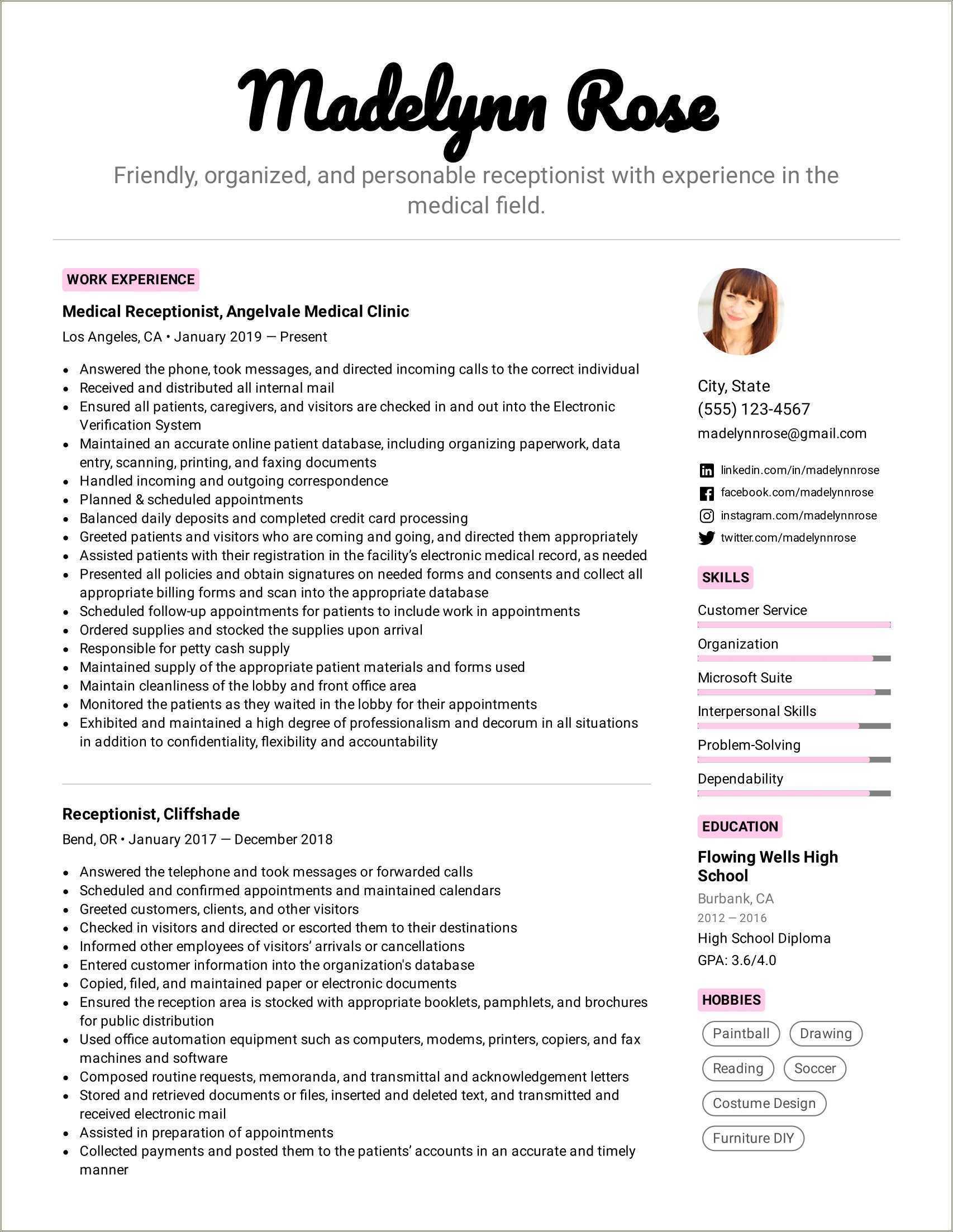 Medical Office Front Desk Job Resume Resume Example Gallery