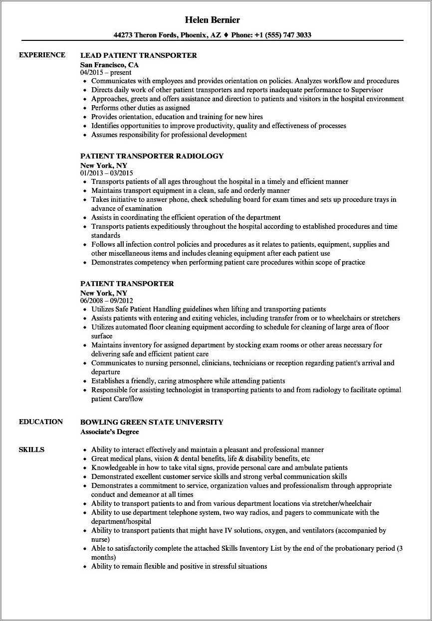 Sample Resume For Medical Driver - Resume Example Gallery