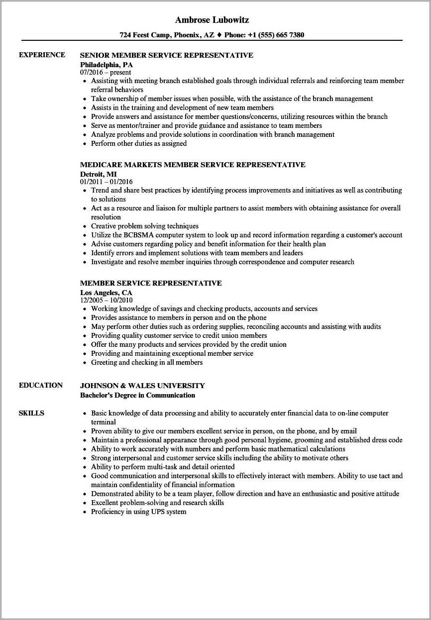 Member Services Representative Resume Examples - Resume Example Gallery
