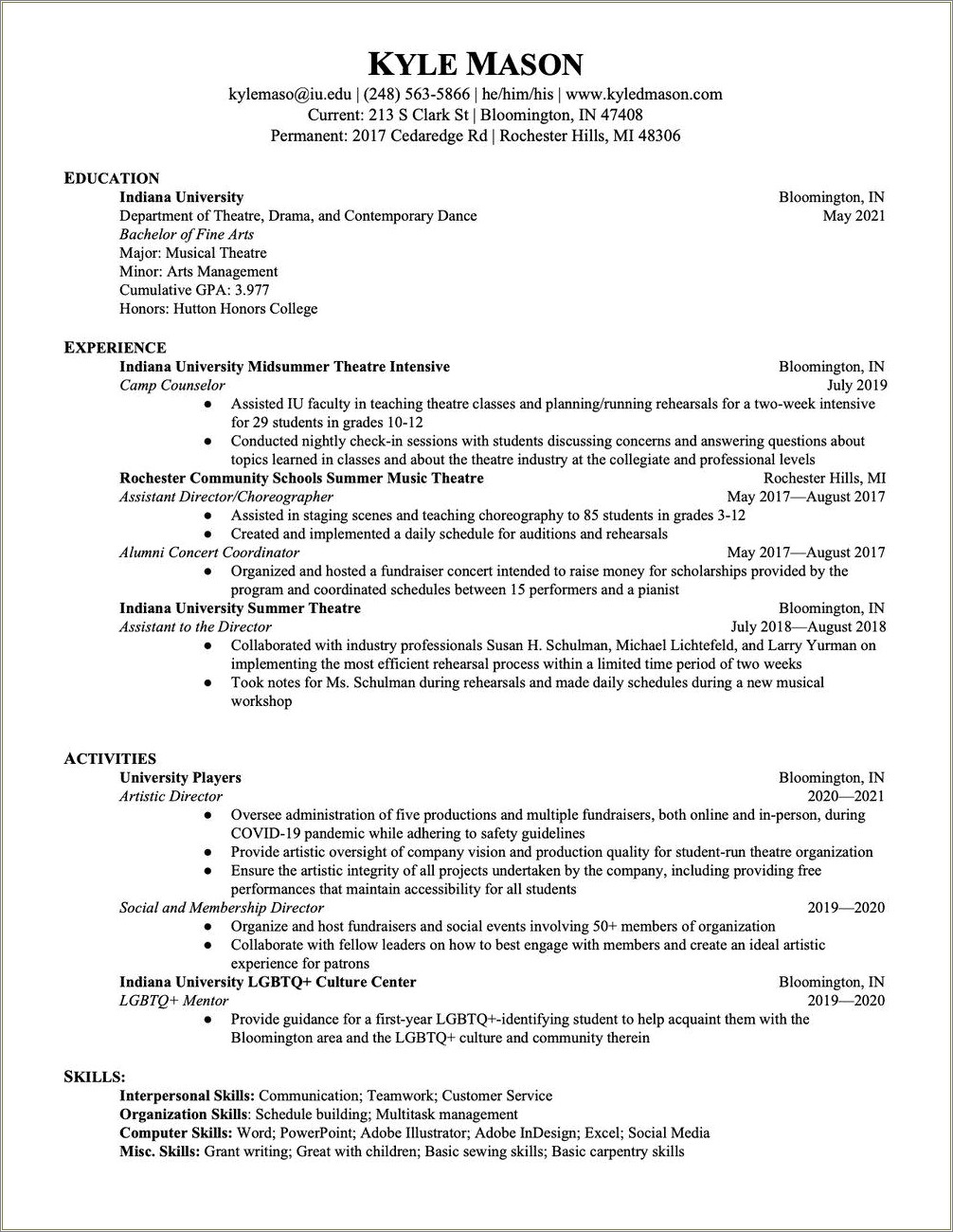 Miscellaneous Skills For Acting Resume Resume Example Gallery