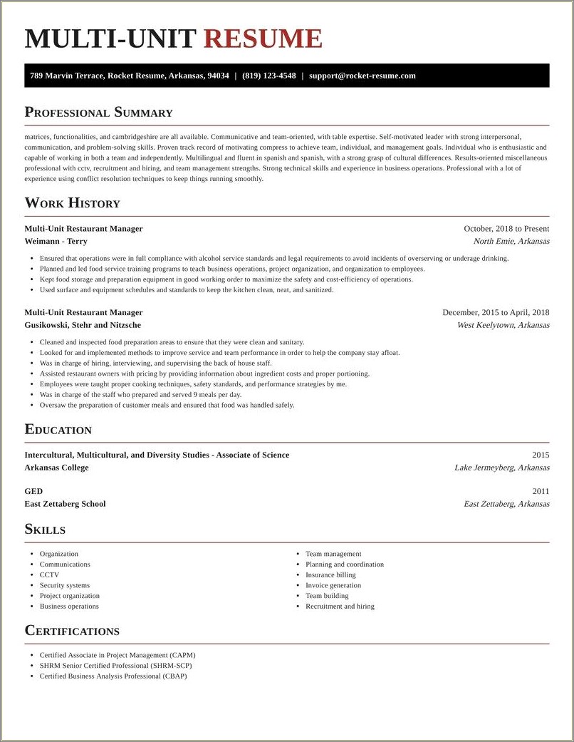 Multi Unit Restaurant Manager Resume Sample - Resume Example Gallery