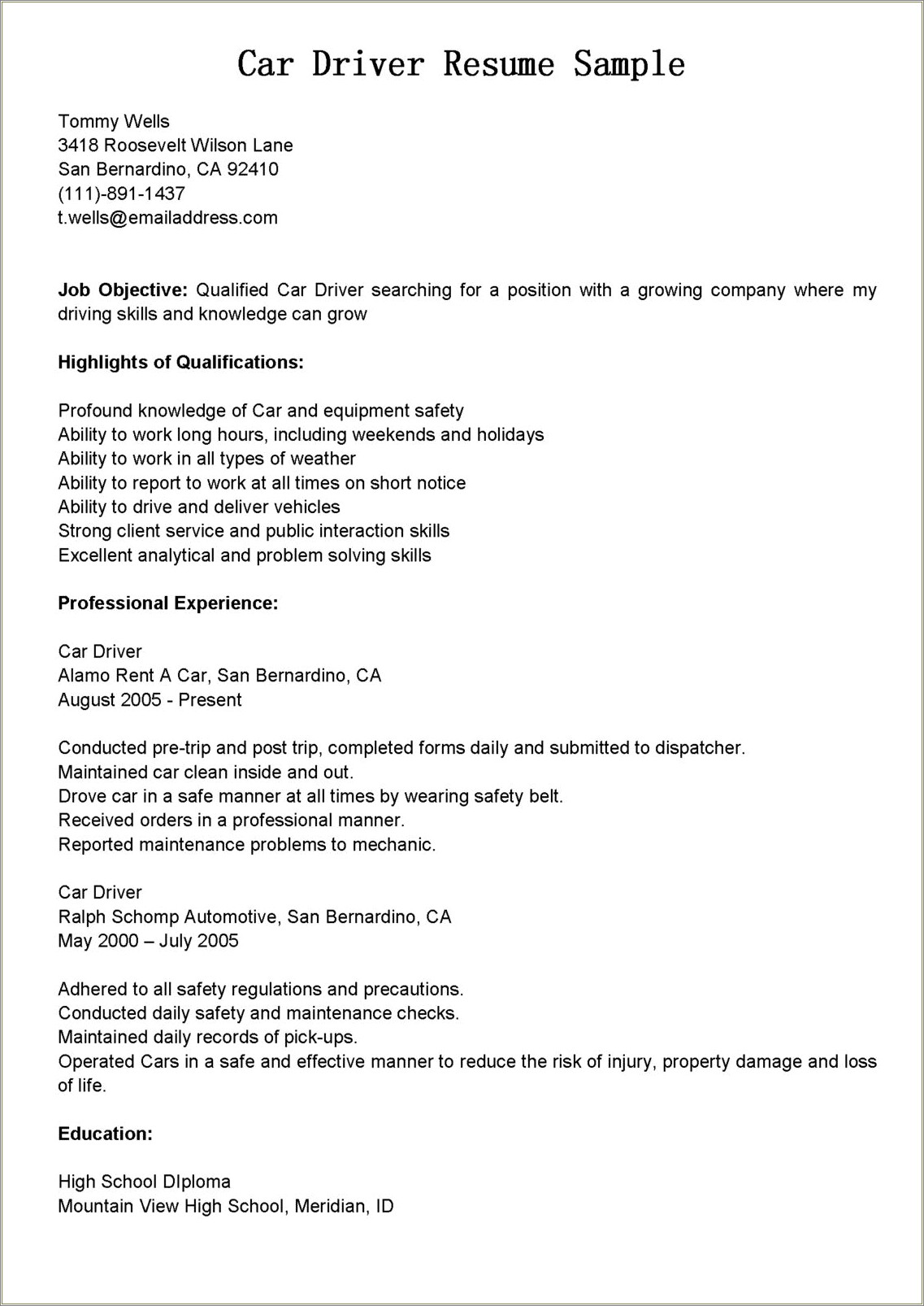 Objective For Company Driver Resume Examples Resume Example Gallery