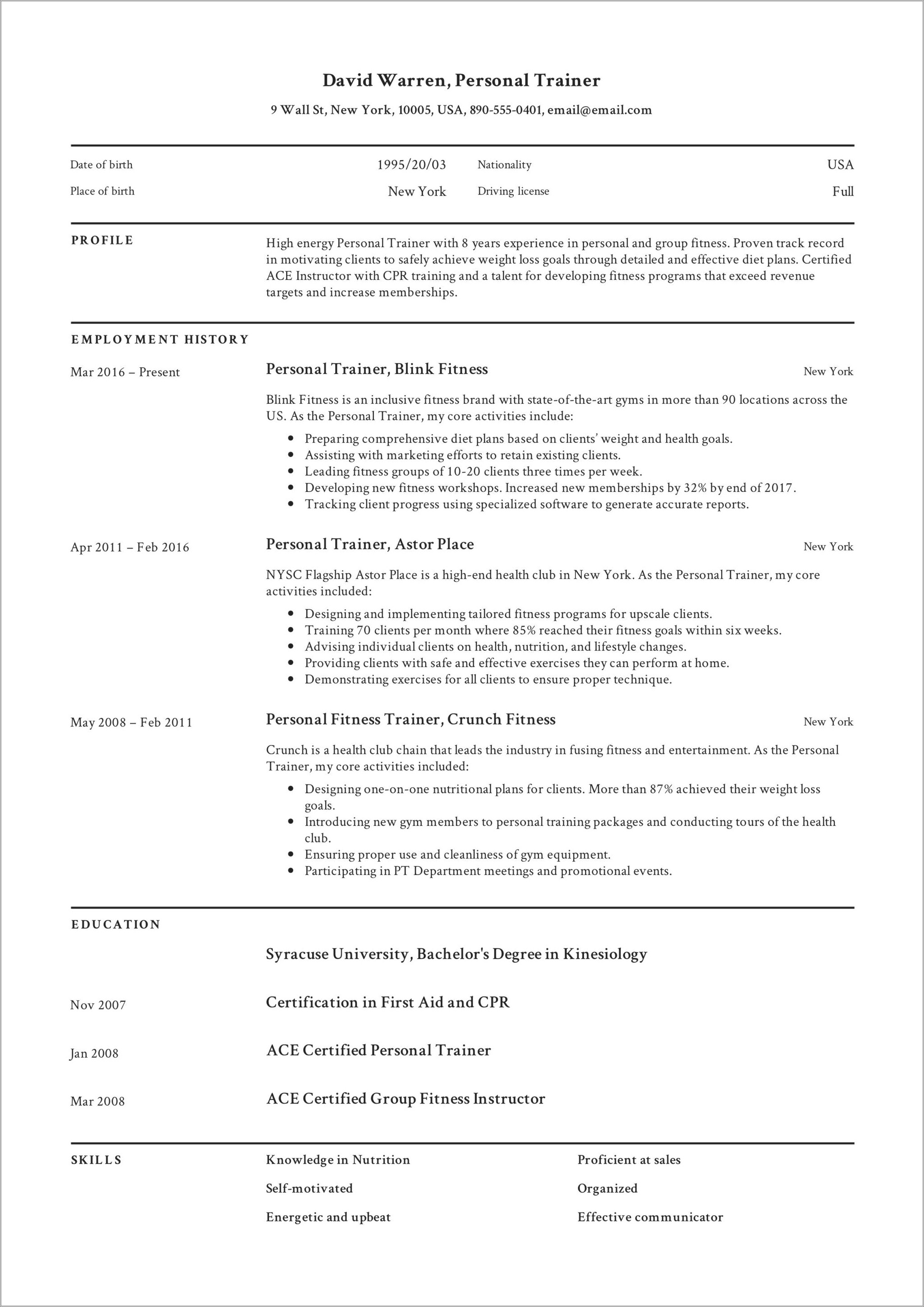 Objective For Corporate Fitness Resume Resume Example Gallery