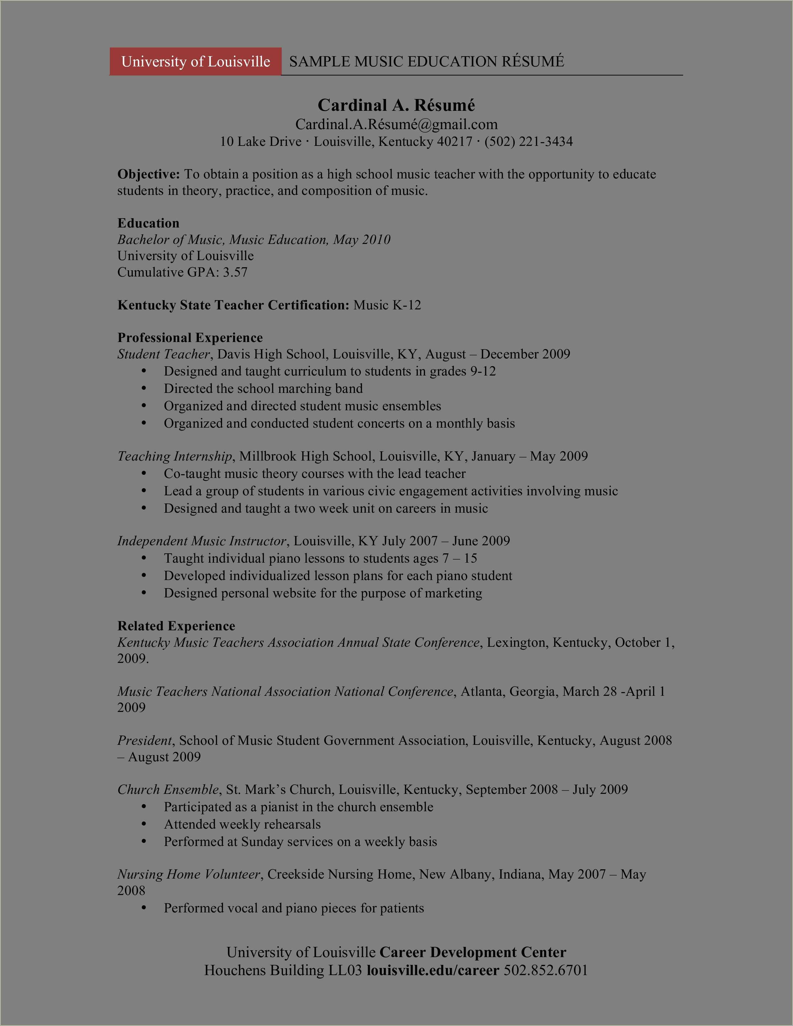 Objective For Resume Music Teacher Resume Example Gallery