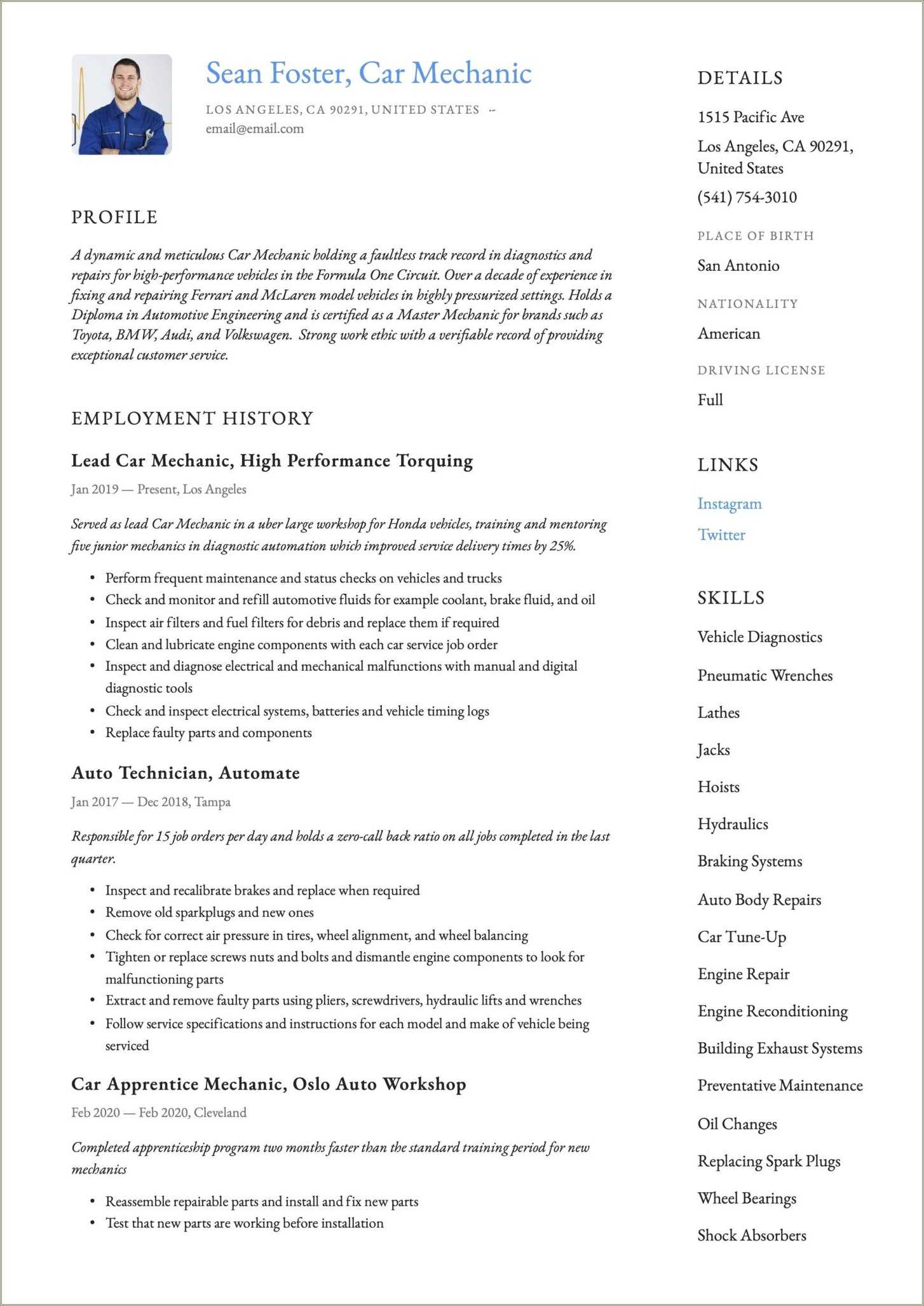 Objective Statement For Mechanic Resume - Resume Example Gallery