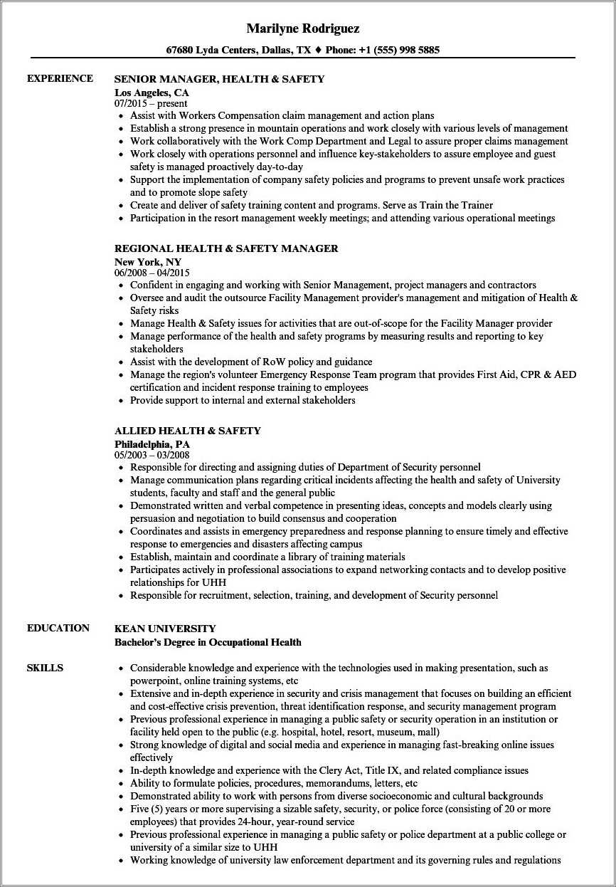 Occupational Health And Safety Resume Templates - Resume Example Gallery