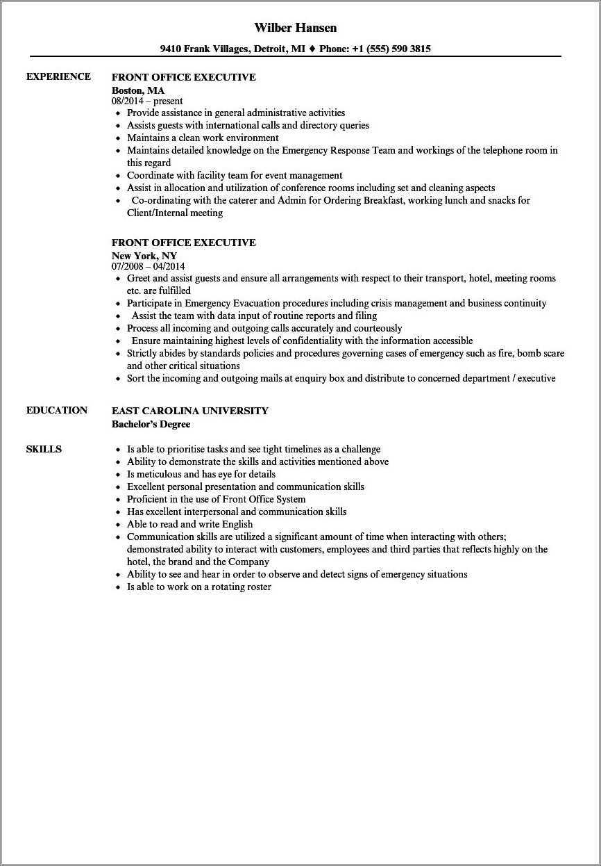 Office Front Desk Resume Samples Resume Example Gallery