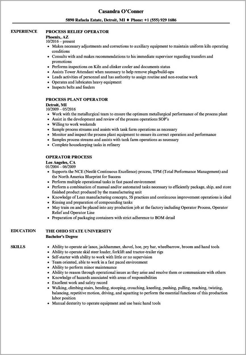 Oil And Gas Operator Resume Examples - Resume Example Gallery