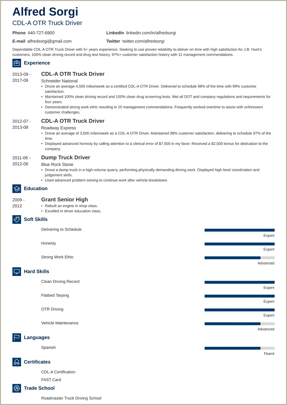 Otr Truck Driver Resume Sample Resume Example Gallery