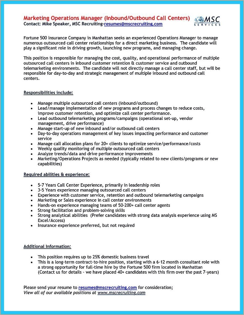 Outbound Call Center Resume Sample - Resume Example Gallery