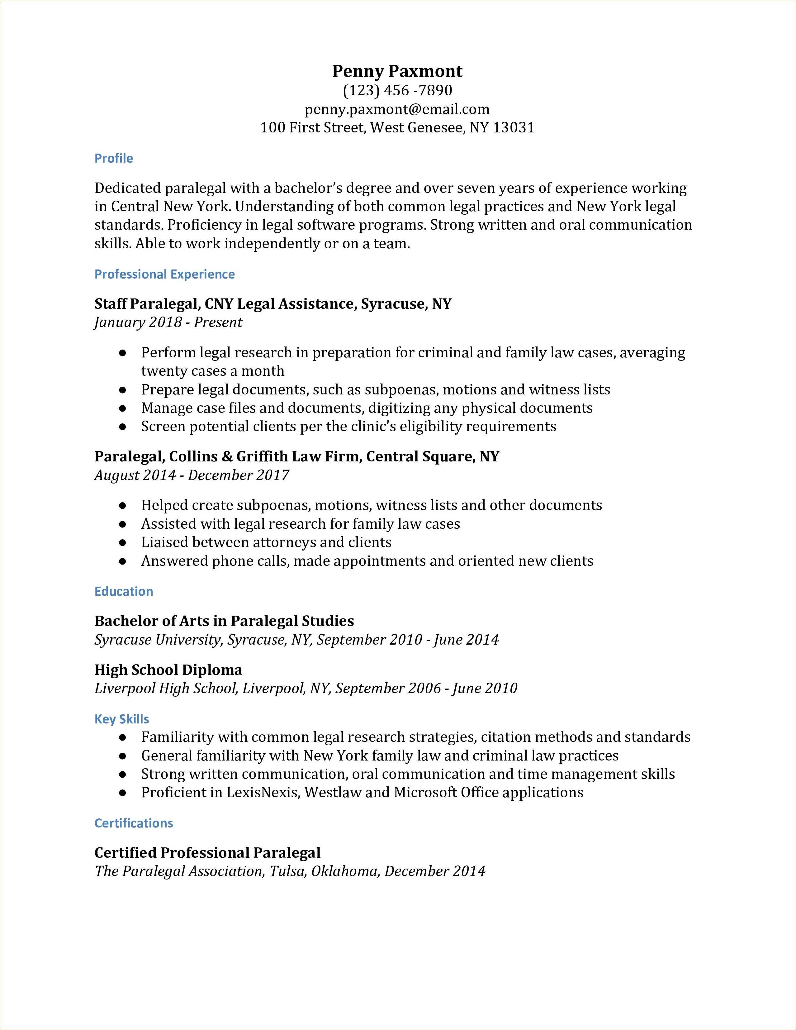 Paralegal Resume In School No Experience - Resume Example Gallery