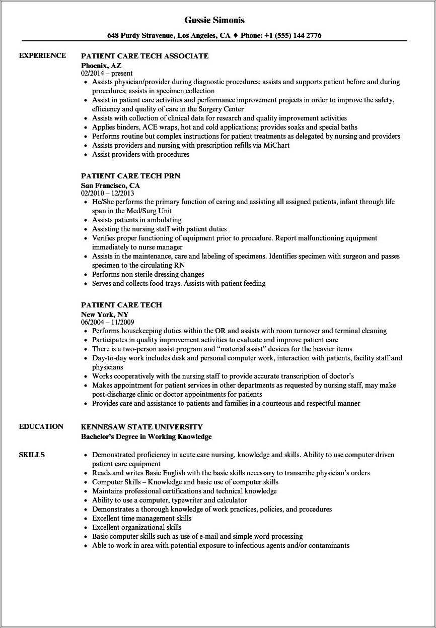 Patient Care Technician Job Duties Resume Resume Example Gallery