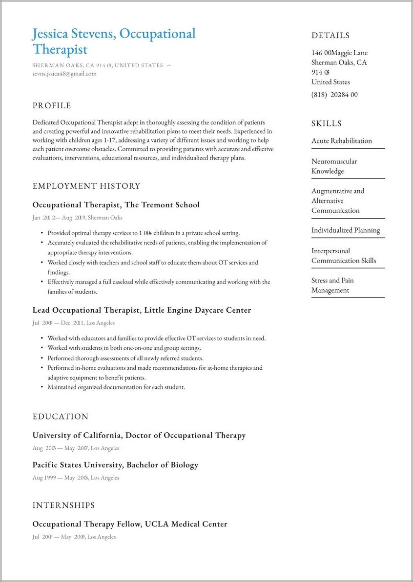 Pediatric Occupational Therapist Resume Example - Resume Example Gallery