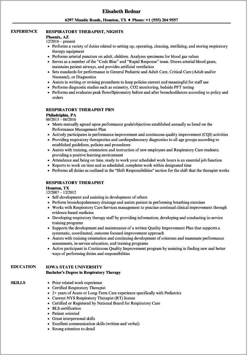 Pediatric Respiratory Therapist Resume Sample - Resume Example Gallery