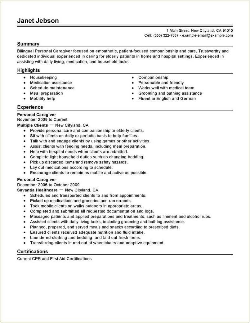 Resume Examples For Personal Care Worker