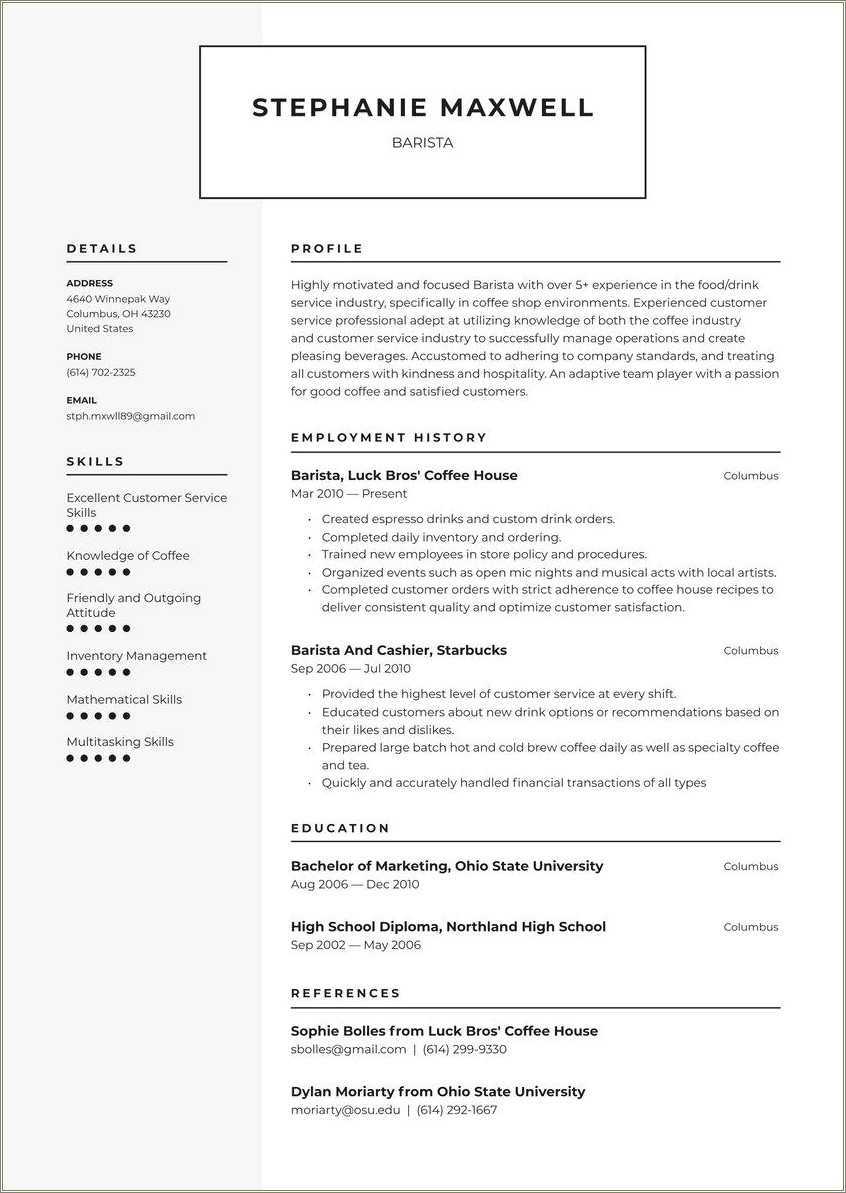 Personal Objective Barista Position Resume - Resume Example Gallery