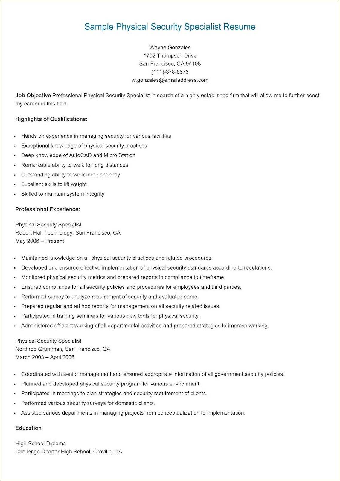 Personnel Security Specialist Resume Example - Resume Example Gallery