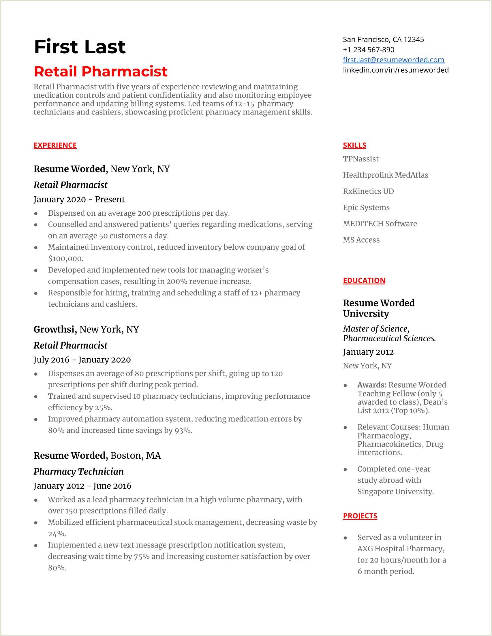 Retail Pharmacy Technician Resume Example - Resume Example Gallery