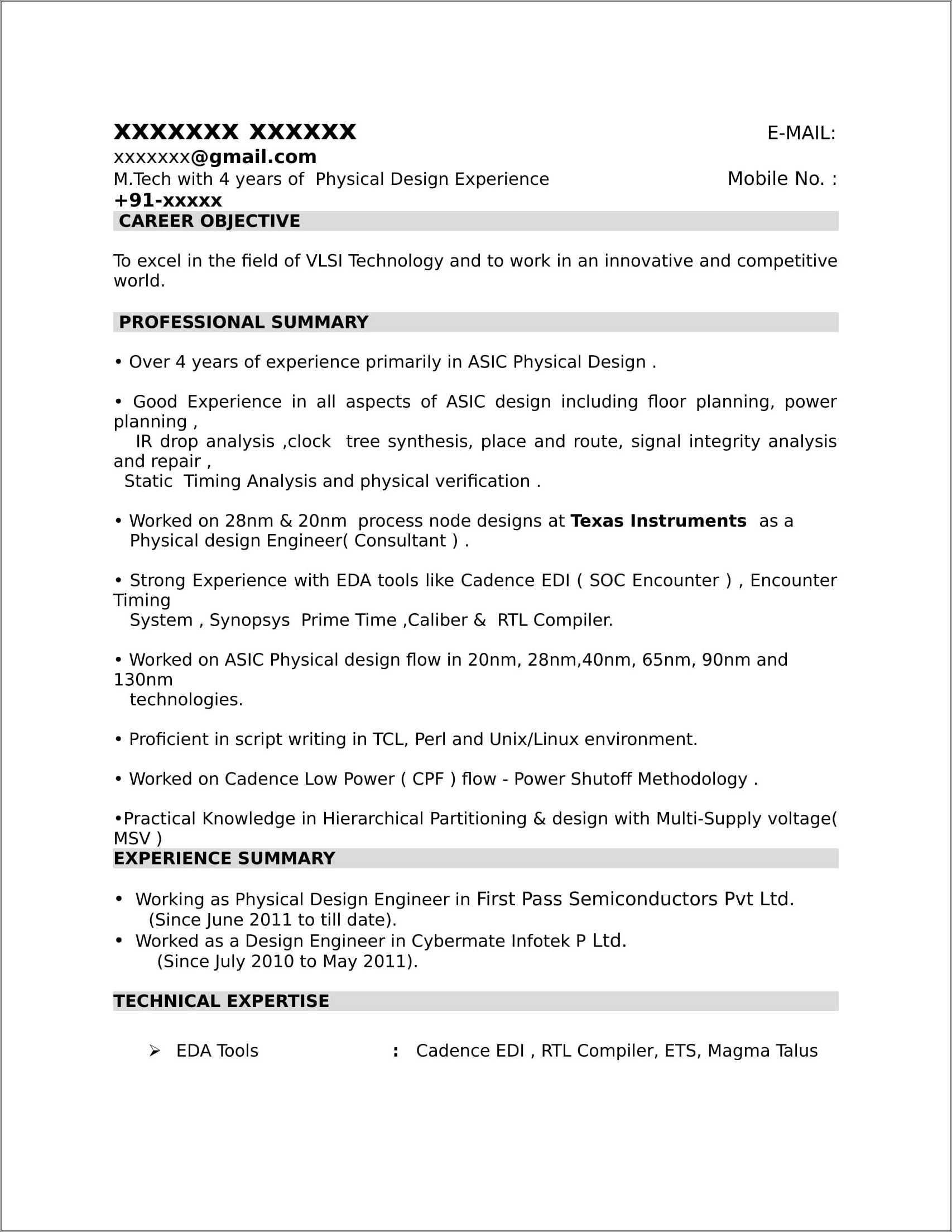 Physical Design Engineer Resume Samples Resume Example Gallery