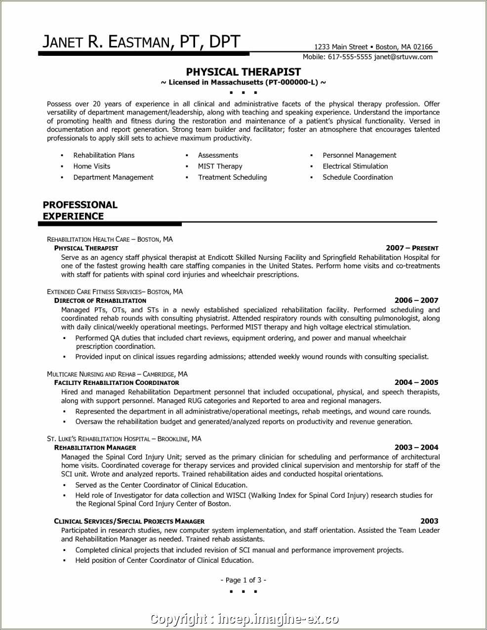 Physical Therapy Manager Resume Sample - Resume Example Gallery