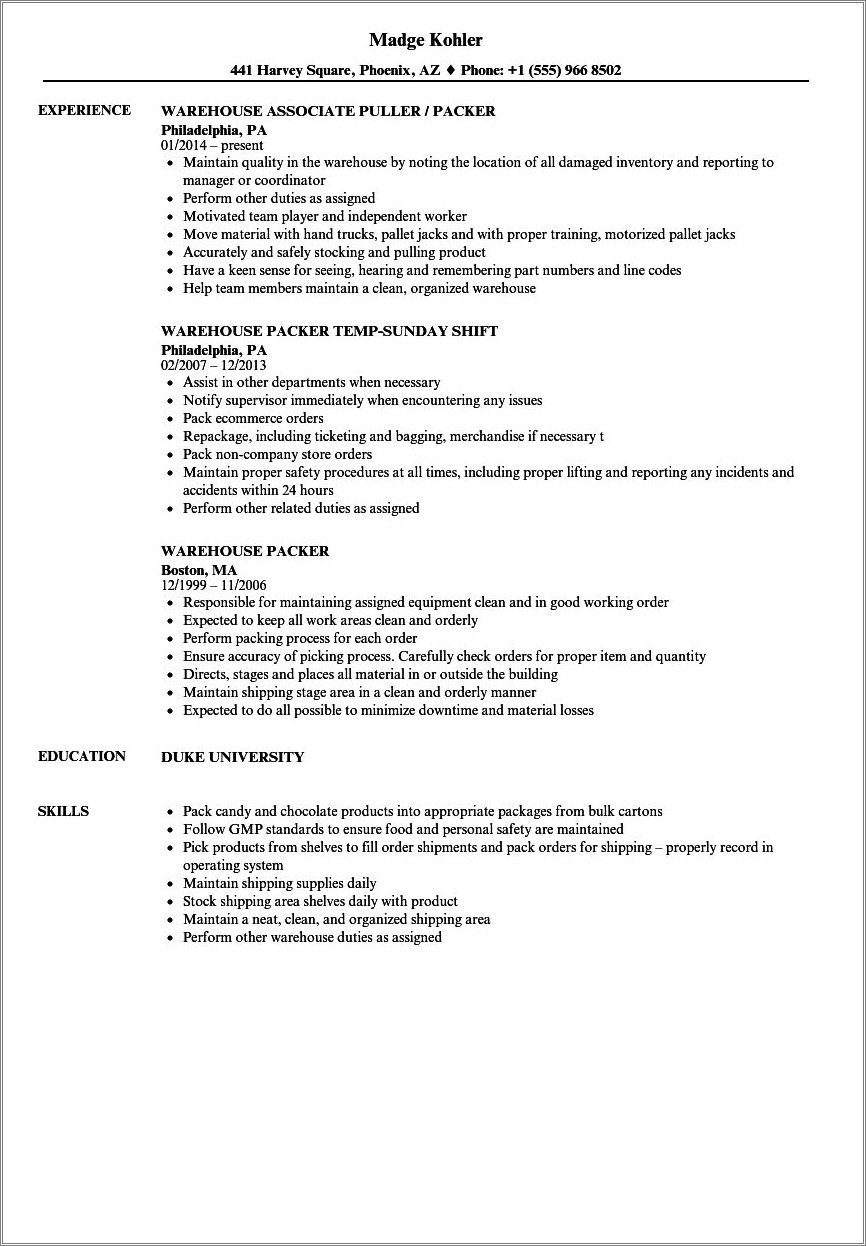 Pick Packer Resume Examples No Experience - Resume Example Gallery