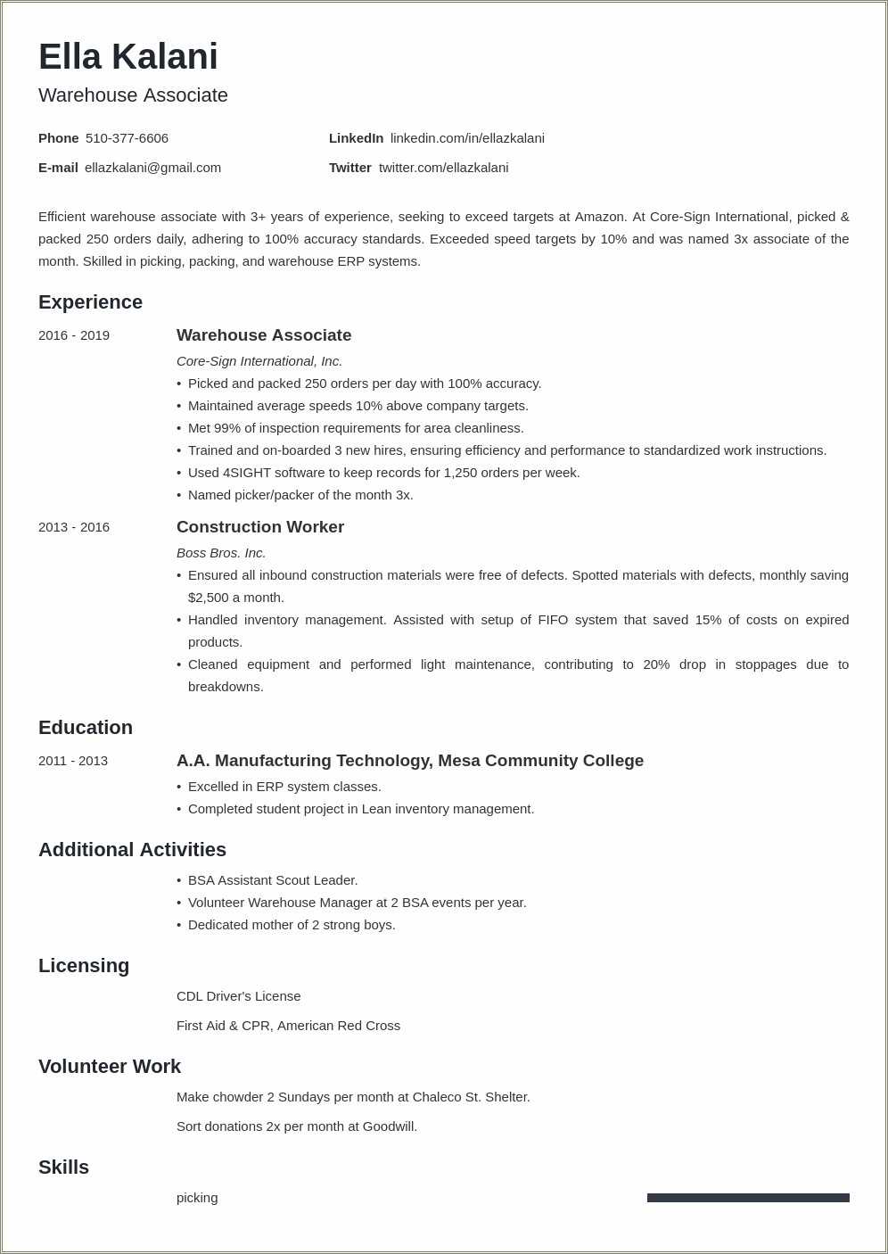 Pick Packer Resume Examples No Experience - Resume Example Gallery