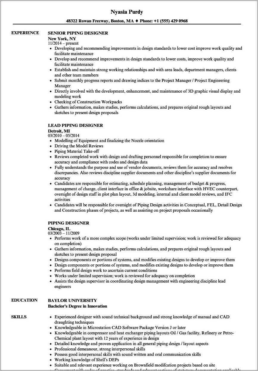 Sp3d Piping Designer Sample Resume - Resume Example Gallery