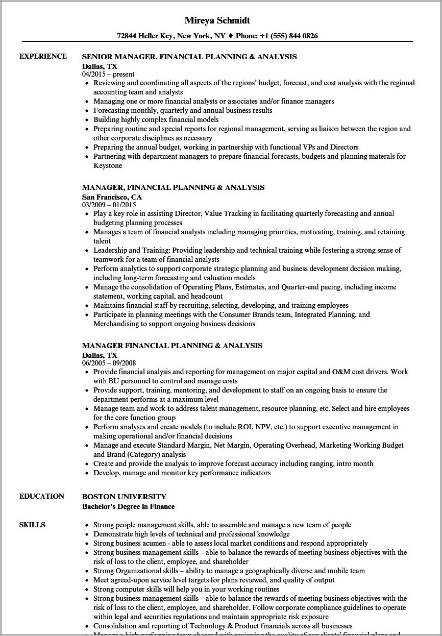 Planning And Analysis Manager Resume - Resume Example Gallery